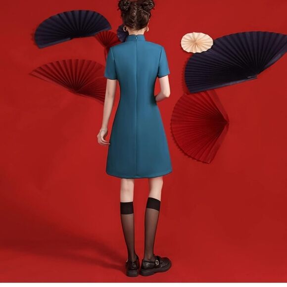 Elegant Blue Dragon Print Mini Dress - Picture 8 of 13